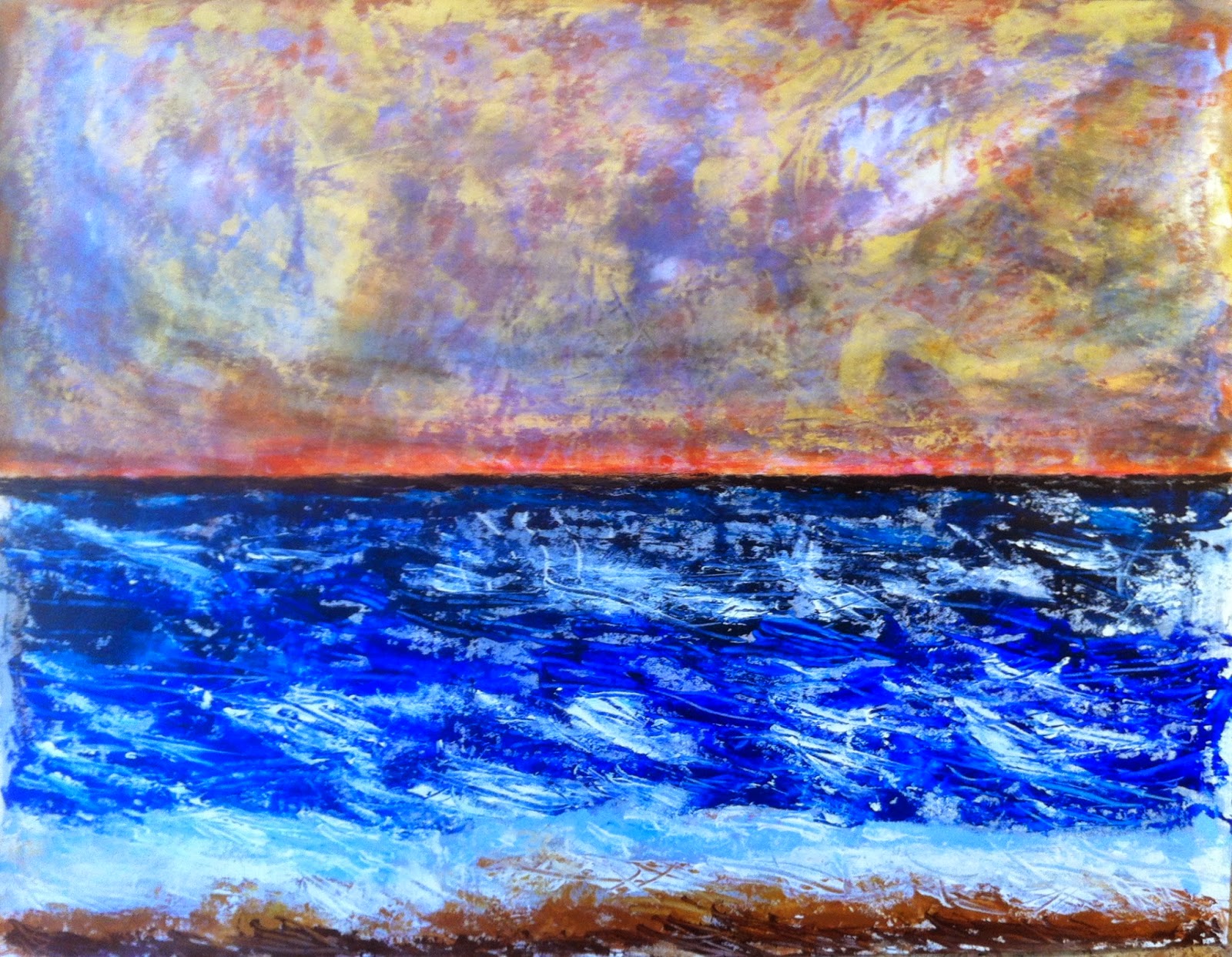 N° 1510 - Quelque part au bord de mer au coucher du soleil - Acrylique et pastel sur papier - 100 x 130 cm - 15 juillet 2014